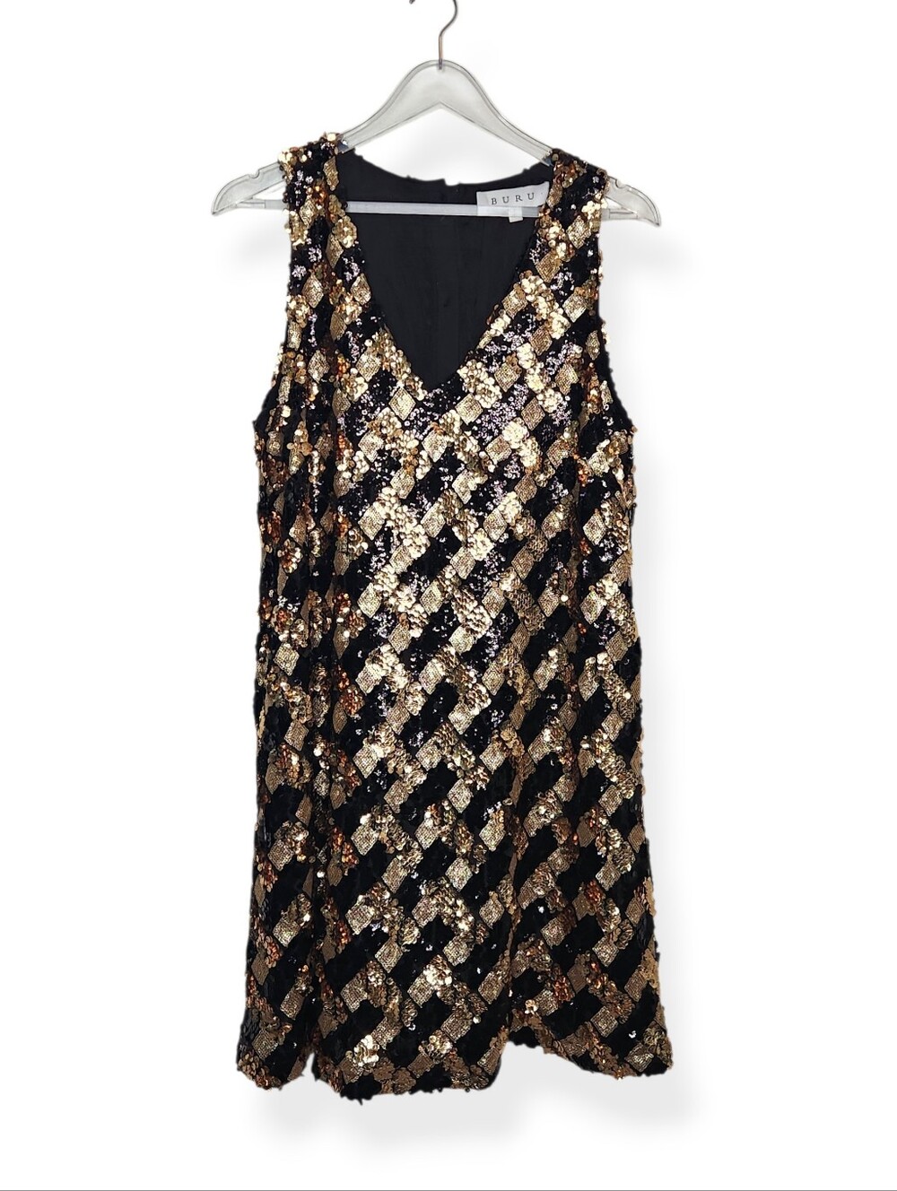 BURU Le V Mod Mini Dress Black Gold Sequin Sleeveless A-Line Women's Size Large